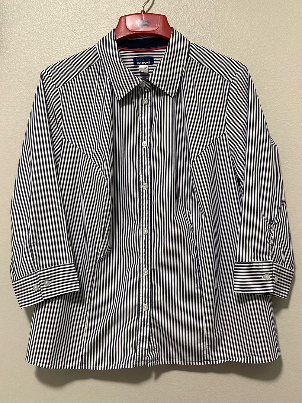 Basic Editions Striped Button Down Shirt - 3/4 Sleeves Navy & White - Size 1X